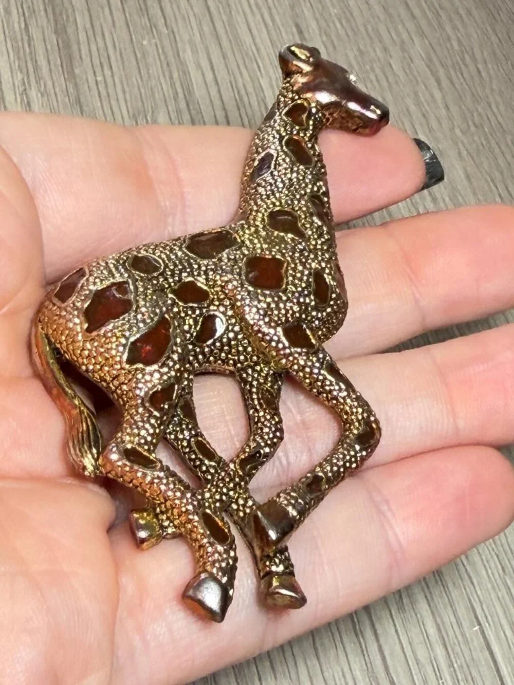Giraffe Brooch Vintage Brown Enamel Animal Pin Large 3.25